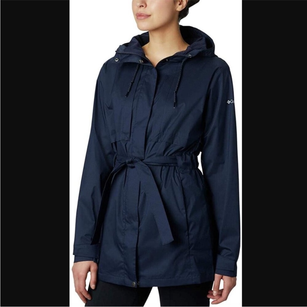 Columbia Navy Hooded Trench Raincoat jacket windbreaker with Waist Tie